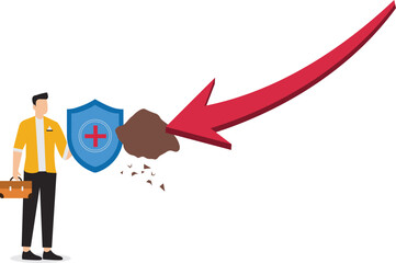 Bankruptcy management, overcome business failure or investment risk, Efforts to save businesses from bankruptcy, businessman use protective shield to withstand the blow of boulder from declining graph
