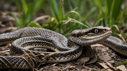 Golden Lancehead Snake Intertwined with Vibrant Tropical Flowers Showcasing Biodiversity