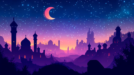 Naklejka premium A breathtaking view of the night sky with stars and a crescent moon, set against an Arabian landscape with silhouettes of ancient buildings like minarets or temples.