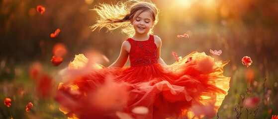 Fototapeta premium Girl in red dress twirling joyfully in a field of flowers during sunset, capturing the essence of childhood happiness and carefree moments in nature.