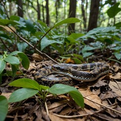 Viper Hidden Among Wildflowers and Grasses with Perfect Camouflage