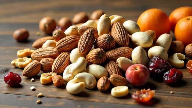 A pile of nuts and fruit on a wooden table. There are almonds, cashews, walnuts, and pecans. There are also oranges and apples