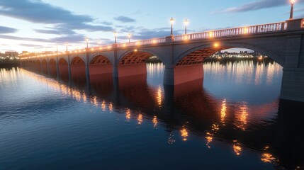 Fototapeta premium Illuminated bridge spanning river at dusk, city skyline backdrop; ideal for travel brochures