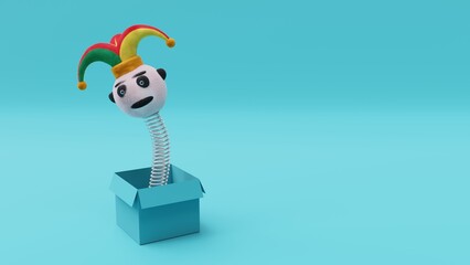 April fools day template. Jester hat on green background, copy space,