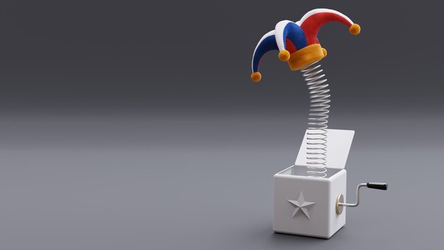 April fools day template. Jester hat out of a box, copy space