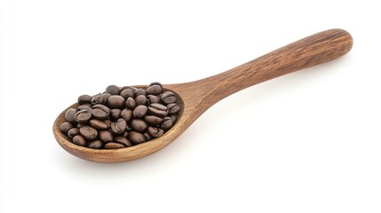 Obraz premium Coffee beans in a wooden spoon on a ceramic table, AI generated image