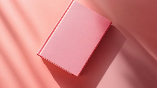 Pink hardcover book resting on a pastel surface with soft shadows in a well-lit room during the afternoon