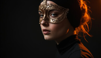 Mysterious Woman with Gold Mask and Dark Attire in Dramatic Portrait