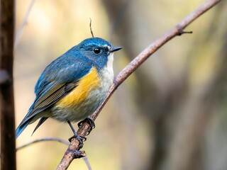 森の中の木陰で枝に留まって周りを見渡しているルリビタキの雄