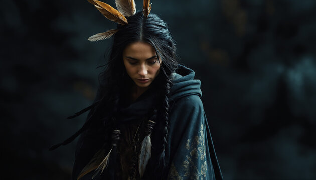 Mystical Woman in Teal Cloak with Feathered Braids in Pensive Pose