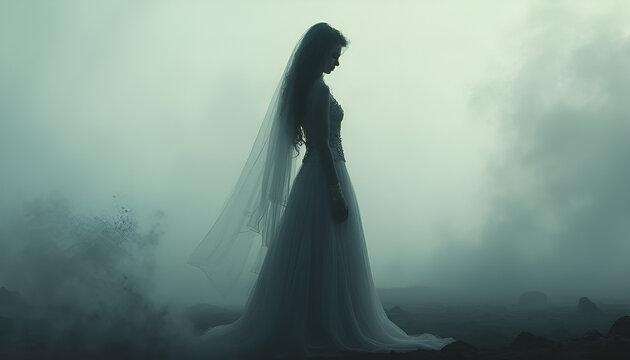Solitary Bride in Melancholic Misty Landscape with Emotional Isolation