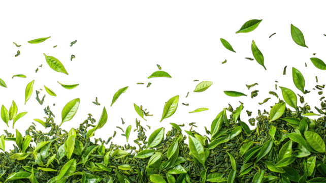 Fresh tea leaves falling onto bush against black backdrop, ideal for beverage ads