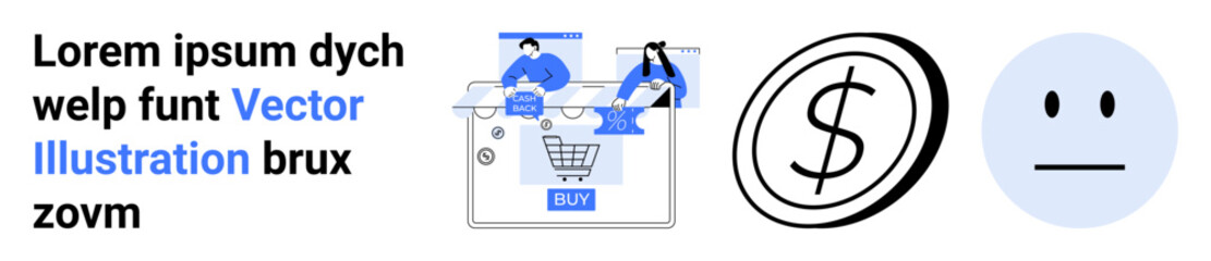 Fototapeta premium People shopping online using laptops, a dollar sign representing financial transactions, and a neutral face symbol for feedback. Ideal for e-commerce, customer service, finance, user reviews, online
