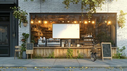 Modern cafe storefront with blank sign.