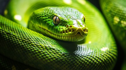Obraz premium Vibrant Green Snake Close Up Intricate Scales and Intense Eyes