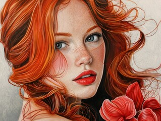 Fototapeta premium Captivating beauty with flowing red hair and delicate orchids in a serene moment