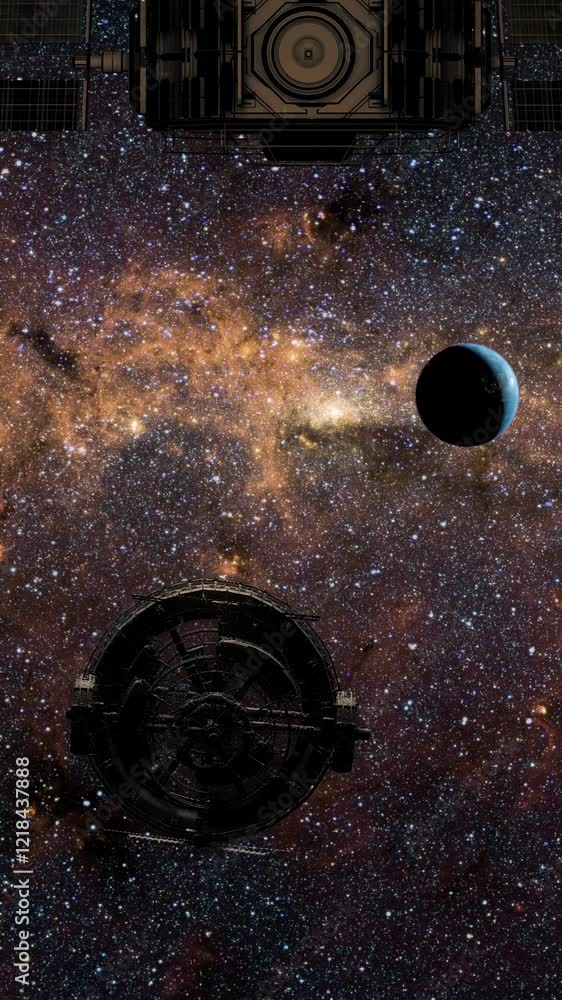Sticker spaceship travel through deep space to earth. vertical design in 9:16 ratio. smartphone and social m