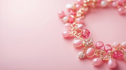 Fototapeta premium Delicate pink jewelry arrangement on a soft pink background showcasing intricate design and craftsmanship
