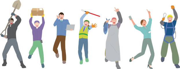 元気、パワーのある多種多様の職業の全身の男女のイメージイラスト