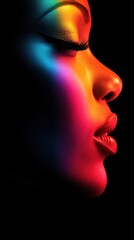 Obraz premium Vibrant profile of a woman illuminated by colorful lights at night