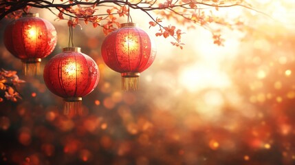 Fototapeta premium Red Branch Yellow Orange Lantern Lighting Pink Twig Sphere Mid-Autumn Festival