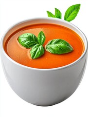 A vibrant bowl of creamy tomato soup garnished with fresh basil leaves, perfect for a comforting meal or appetizer.