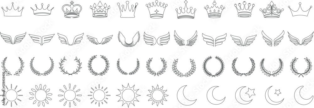Wall mural elegant crowns, wings, laurel wreaths, sun, moon, and star icons in minimalist vector design. perfec