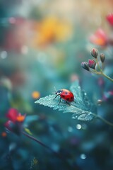 Ladybug on a dewy green leaf surrounded by vibrant flowers in a serene garden setting. Macro photography showcasing nature, insects, and summer beauty.