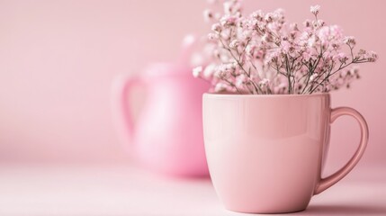 Pink cup with flowers placed against a soft background creates a serene atmosphere