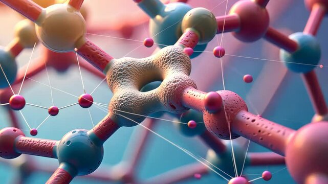 A close up of a molecule with a pink and blue center. The molecule is made up of many different colored spheres