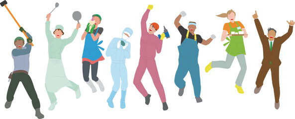 元気、パワーのある多種多様の職業の全身の男女のイメージイラスト