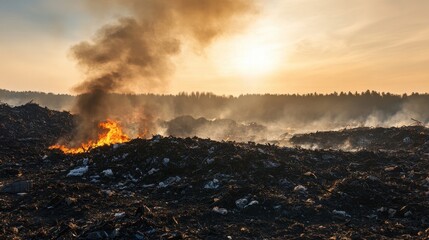 Fototapeta premium Environmental Hazard: A stark depiction of an environmental disaster, smoke billows from a burning landfill against a somber sky, evoking concerns about pollution and the impact of waste
