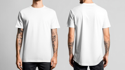 White t-shirt template on a gray background, front and back view.