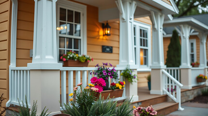 Charming Yellow House with a Flower-Adorned Porch: A Dream Home Exterior