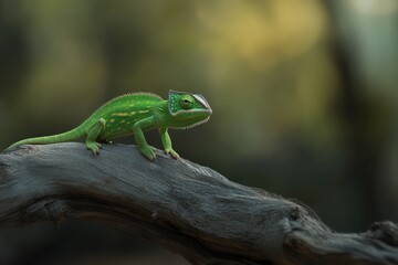 Naklejka premium Lizard perched on a branch in a lush green environment, showcasing vibrant colors and natural beauty. Wildlife photography capturing reptile habitat and behavior.