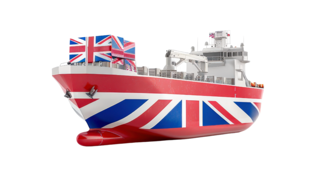 British flag ship with cargo containers, symbolizing trade