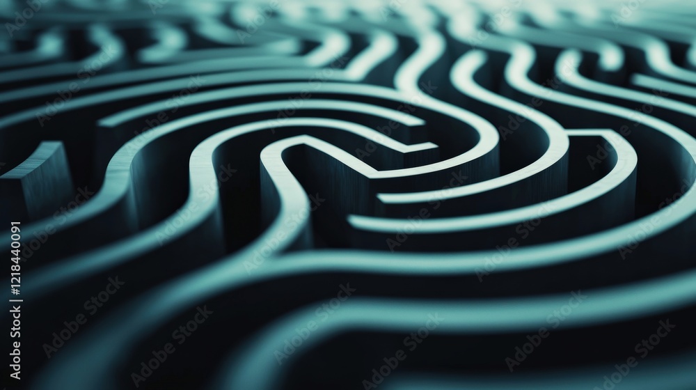 Poster intricate abstract maze design with shimmering lines and waves in shades of blue and gray
