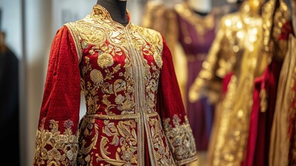 A traditional red and gold costume displayed on a mannequin, adorned with intricate embroidery and cultural significance