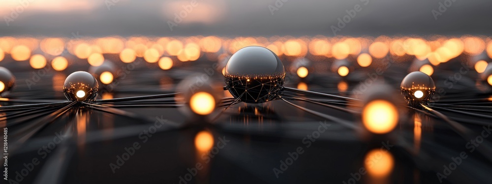 Poster abstract representation of interconnected spheres and glowing lights on a dark background for techno