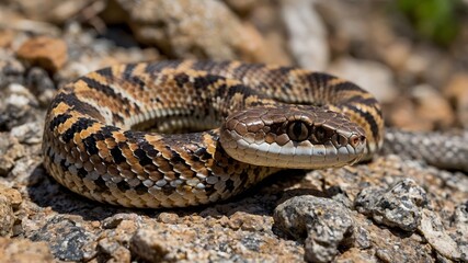 Fototapeta premium Gliding Through the Jungle Flying Snake Gracefully Soaring Between Lush Rainforest Branches