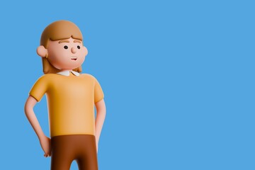 3D illustration of European female cartoon character in casual brown clothes standing proudly looking to the side on blue background.