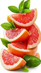Juicy Grapefruit Slices with Green Leaves