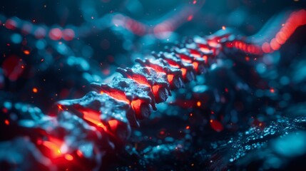 3d illustration of an x ray view highlighting areas of spine and back pain marked in red color