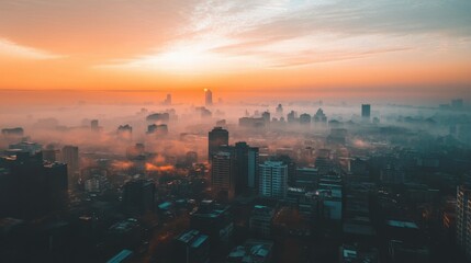 Fototapeta premium Cityscape Sunset: Captivating aerial view of a city skyline enveloped in a dreamy mist during a vibrant sunset, with colors painting the horizon.