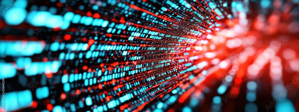 Aufkleber futuristic data stream visualization with bright red and blue light particles on dark background