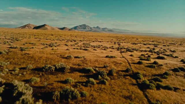 4K Aerial drone shot flying low over sunrise on yellow prairie land in Winnemucca, Nevada