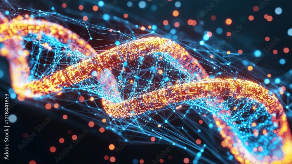 Poster abstract 3d illustration of vibrant dna double helix structure with glowing particles and interconne