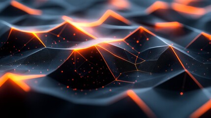 Abstract Glowing Orange Lines Across Dark Polygonal Landscape