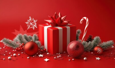Merry Christmas! Red Festive Gift Box with Decorations