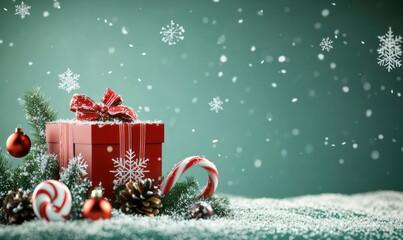 A Red Christmas Gift Box Under Falling Snow